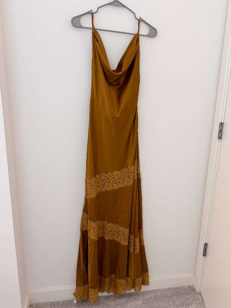 Nwt Fashion Nova Gold Satin Lace Cowl Neck Maxi Dress M